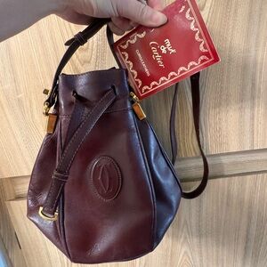 Auth Cartier Must Line Shoulder Bag Leather Drawstring Crossbody Bordeaux